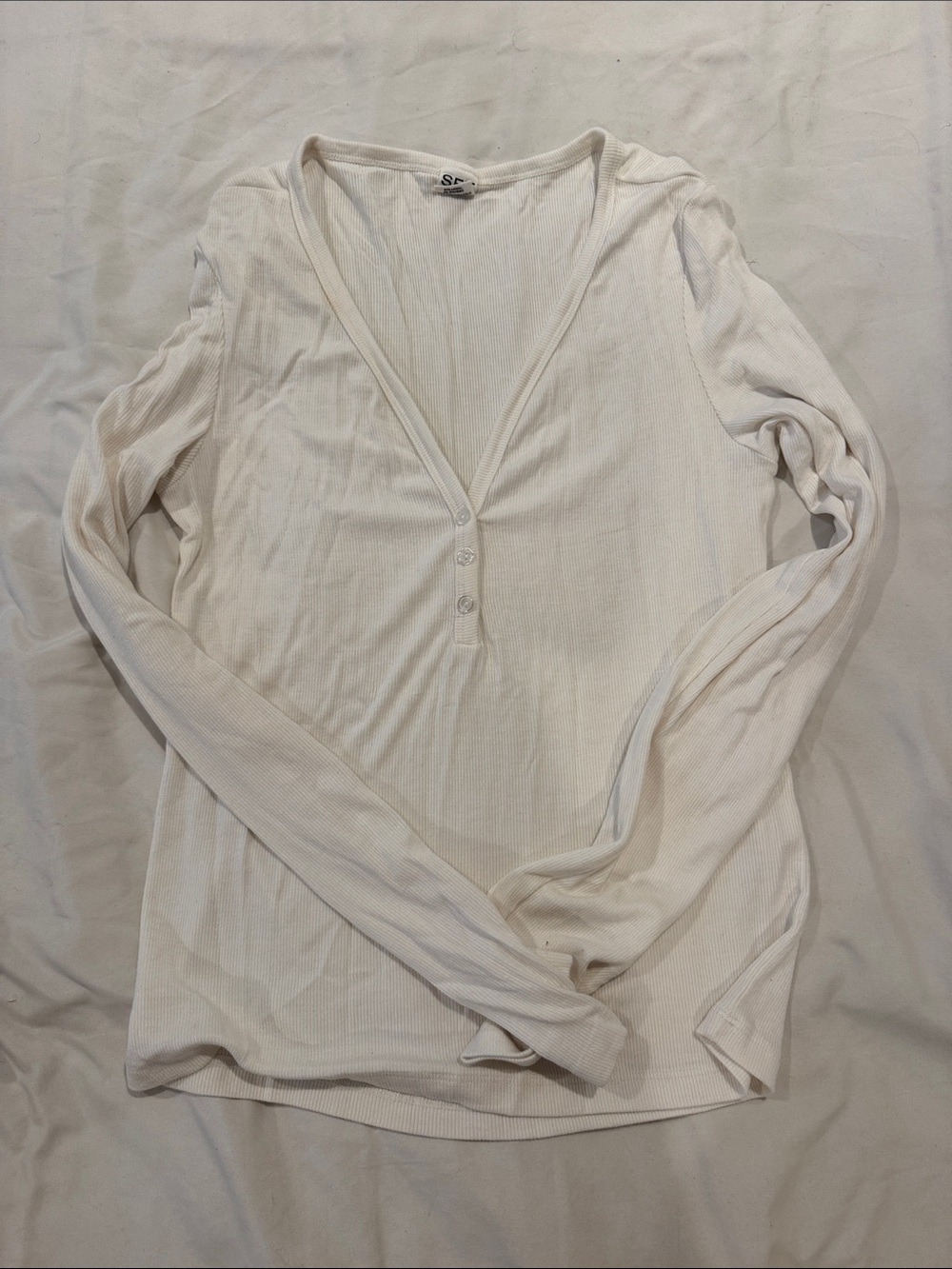 SET Active Modal White Ribbed Henley Long Sleeve Top